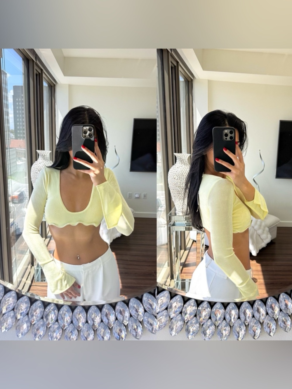 Tiger Mist Pale Yellow Scallop Hem Cropped Scoop Top